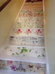 Wallpapered Stair Risers With Gloss Painted Stair Treads Clear Varnish Used After On Wallpaper To Protect Them Wallpaper Stairs Painted Stairs Stair Risers