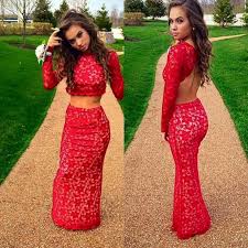 Pretty Red 2 Piece Open Back Tight Fitting Prom Dress Prom2k15 Red Prom Dress Prom Dresses Long With Sleeves Homecoming Dresses Tight
