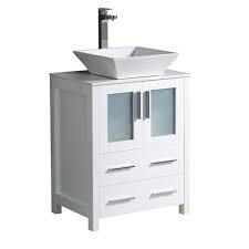 A decorative vessel bowl sitting on a piece of imperial white marble counter top bring contrast effect and draw focus. Fresca Torino 24 W X 18 1 8 D White Vanity With White Glass Stone Vanity Top With Ceramic Vessel Bowl At Menards