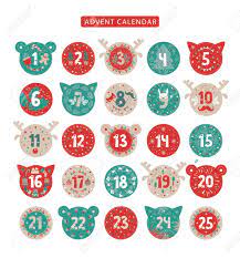 Each day during advent a sticker is added to the background to complete the holiday scene. Merry Christmas Advent Calendar Design Advent Calendar With Various Seasonal Objects And Symbols Stickers In The Form Of The Head Of A Cat Deer Bear Vector Illustration Royalty Free Cliparts Vectors And
