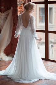 Plunged Lace Illusion Long Puff Sleeve Chiffon Wedding Dress With Sweep Train 714870 Casual Wedding Dress Chiffon Wedding Dress Wedding Dresses Simple