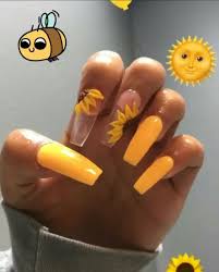 Acrylic Coffin Shaped Black And Yellow Nails Yellow Nails With Sunflowers Sunflower Nails Yellow Nails Coffin Nails Designs