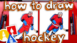 Begin by drawing two curved lines to outline the hockey player's chin and ear. How To Draw A Hockey Player Youtube