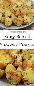 Baked Sliced Petite Yellow Potatoes Topped With Shredded Parmesan Cheese Served On A Plate Parmesan Potatoes Recipes Food
