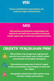 Visi dan misi menjadi suatu hal yang paling pokok agar seluruh anggota dalam organisasi atau lembaga tersebut mempunyai titik fokus yang sama. Portal Rasmi Perpustakaan Negara Malaysia