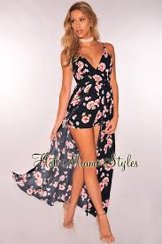 Navy Blue Floral Faux Wrap Maxi Romper Skort Dress Pink Floral Print Dress Maxi Romper