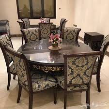 طاولة طعام دائرية 6 كراسي خشب سنديان صلد