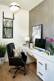 Black And White Print Wallpaper White Built In Desk Light Wood Floors Black Leather Office Chair White Globe Pe Home Office Design Home Home Remodeling