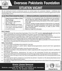 Browse and apply for jobs in private and government sectors. Situation Vacant Chief Financial Officer Cfo Overseas Pakistanis Foundation