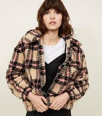 This hooded bomber jacket featuring teddy borg will keep you on trend this season team with ripped skinny jeans & mesh bodysuit! Camel Check Teddy Borg Bomber Jacket New Look From New Look On 21 Buttons