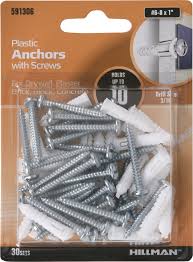 Plastic hollow wall plug anchors require that you first drill a pilot hole. Hillman Ribbed Plastic Anchors With Screws 6 8 X 1 30 Sets Walmart Com Walmart Com
