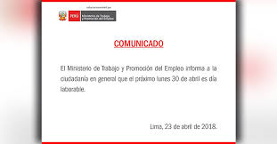 El lunes 7 (feriado con fines turísticos), martes 8 (inmaculada concepción de maría) y viernes 25 (navidad). El Lunes 30 De Abril No Sera Feriado Informo El Ministerio De Trabajo Www Trabajo Gob Pe Educacionenred Pe