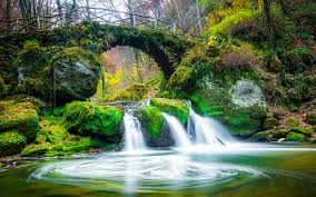 Über eine breite von etwa 12 m fällt das kalkhaltige, kalte wasser etwa 4 bis 6 m tief zum ahbach. Fotos Luxemburg Mullerthal Region Natur Herbst Brucken Wasserfall