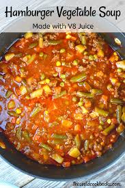 Hamburger Vegetable Soup With V8 Juice These Old Cookbooks Add A Can Of Petite Diced Tomatoes And Re In 2020 Easy Vegetable Soup Beef Soup Recipes Easy Soup Recipes