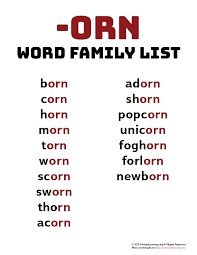 ORN Word Family List | Word families, Word family list, English phonics
