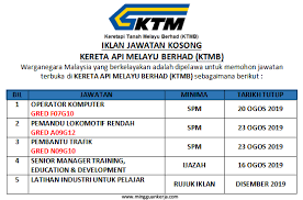 Nov 06, 2016 · blog operator sekolah tentang administrasi sekolah untuk belajar dan berbagi Dibuka Pelbagai Kekosongan Jawatan Di Kereta Api Tanah Melayu Berhad Ktmb Ogos 2019
