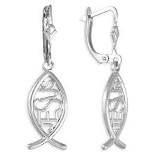 10k two tone gold mini jesus apostles last supper earrings. White Gold Ichthus Jesus Earrings