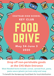 Canned food drive flyer this food drive design template is colourful with bright depictions of food and the use of bold fonts. Chatham High School Key Club To Hold Food Drive May 24 June 5 Tapinto