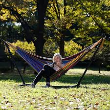 The hammock stand is constructed of heavy duty steel and assembles in minutes without any tools. Vivere Double Cotton Hammock With Space Saving Steel Stand Body Liberation Photos