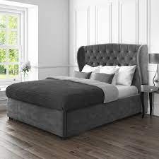 Faro velvet bed frame with extra wide headboard and storage. Safina King Size Wing Back Ottoman Bed In Grey Velvet Buyitdirect Ie