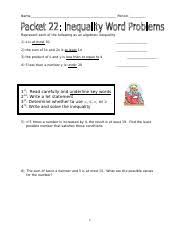 Free algebra 1 worksheets created with infinite algebra 1. Inequality Word Problems Name Period Represent Each Of The Following As An Algebraic Inequality 1 X Is At Most 30 2 The Sum Of 5x And 2x Is At Least Course Hero