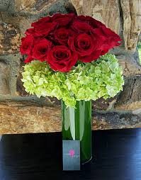 Rose * 6, hydrangea * 1, cymbidium * 5, premium vase. Red Rose Delight By Floral Effect
