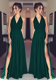 Halter Neckline Long Chiffon Emerald Green Bridesmaid Dresses With Split Prom Dresses Split Prom Dresses Long Prom Dress