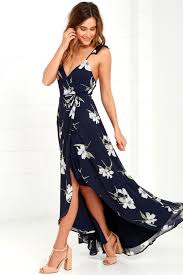 All Mine Navy Blue Floral Print High Low Wrap Dress Floral Print Maxi Dress Floral Print Chiffon Dress Fashion
