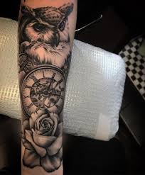 Bird And Rose Tattoo For Men Owl Tattoo Rose Blackandgrey On Instagram Owl Tattoo Sleeve Elephant Tattoos Clock Tattoo