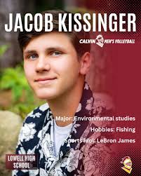 Meet freshman Jacob Kissinger! From Lowell, MI, Jacob joins us after  competing at Lowell High School. He's majoring in Environmental Studies and  enjoys fishing in his free time. His sports idol is