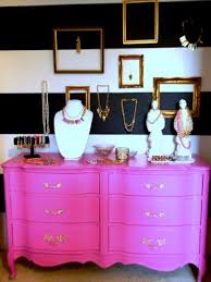 Black And White Boutique Ideas Pink Dresser Black And White Stripes Mix Matched Gold Baroque Picture Frames Pink Dresser Decor Room