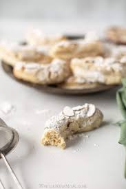 Almond crescents, little almond cookies shaped into crescents and dusted with powdered sugar. Almond Crescent Cookies Low Carb Vegan Option Whole New Mom