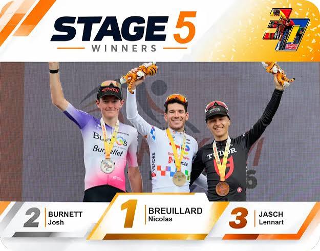 Lennart Jasch wearing the yellow jersey during Stage 5 of Tour de Langkawi 2026 on Genting Highlands.