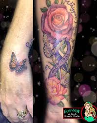 Blue rose tattoo design on ankle. Tattoo Uploaded By Rose Noir Tattoo Beauty Studio Memorial Roses Butterflies And Cancer Ribbon 572090 Tattoodo