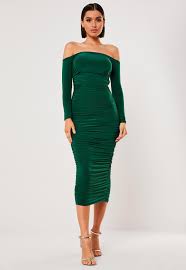 Make your searches 10x faster and better. Dark Green Bardot Slinky Ruched Bodycon Midaxi Dress Missguided