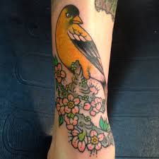 Four Birds On A Branch Tattoo Traditional Japanese Style Goldfinch Bird On Cherry Branch Tattoo By Sara Purr Sarapurr Com Branch Tattoo Tattoos Make Tattoo