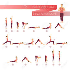 At the edge of stand in tadasana at. Vector Yoga Set In Flat Style Surya Namaskar B Sun Salutation Royalty Free Cliparts Vectors And Stock Illustration Image 58205106