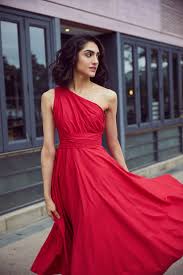 Bright Red One Shoulder Cotton Midi Dress Red Midi Dress Cotton Midi Dress Red Wedding Dresses
