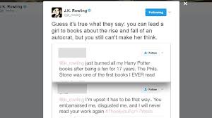 However, the vast majority of her tweets are completely unrelated to harry potter. Jk Rowling Hits Back Over Threats To Burn Harry Potter Books Bbc News