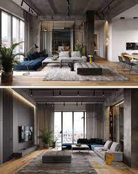 A Glass Wall Separates The Living Room From The Home Office In This Modern Loft Apartment Living Room Loft Modern Loft Apartment Modern Grey Living Room