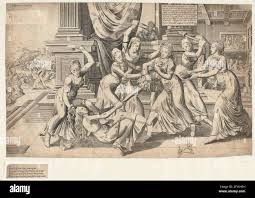 Battle for the pants. Seven women are fighting for a men's pants. They pull  each other to the hair and hit each other with a mush, scissors or spin  skirts. A man