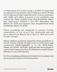 Omnibus guidelines on the implementation of mecq in the philippines. Up Diliman On Twitter Updated Upd Post Ecq Guidelines Concise Version In Response To The Current Surge In Covid 19 Cases And The Spread Of New Variants The Upd Covid 19 Task Force Requires Stricter
