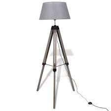 Verstellbare Stativ Stehlampe Aus Holz Mit Stoffschirm Grau