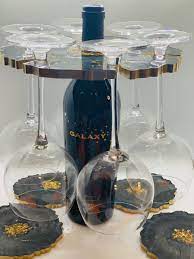 Wine Holder For 6 Glasses And Matching Coasters Resin Wine Holder And Resin Coasters Resin Coasters Resin Art Diy Wine Holder