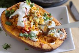 Perfect for fall or your thanksgiving or holiday table, you'll love this creamy casserole topped with a crispy vegan 'parmesan' topping and panko breadcrumbs. Paneer Stuffed Butternut Squash With Spiced Yogurt