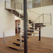 A monochromatic color scheme was used throughout the modern railing interior to reach a balanced look that isn't excessively bold. China Modern Steel Stringer Straight Staircase With Cable Wire Railing China Straight Staircase Steel Stringer Straight Staircase