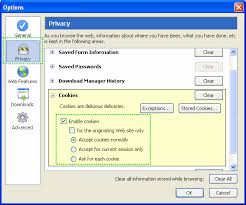 To erase all cookies, on the privacy screen, check the box by clear private data. Enable Cookies