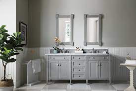 We ordered a total of 8 cabinets including three 40 inch tall wall cabinets, a 36 sink base cabinet, an 18 recycling center, 12 wide base cabinet and 90 tall corner cabinet. James Martin Brittany 72 W X 23 D Urban Gray Vanity And Carrara White Marble Vanity Top With Rectangular Undermount Bowls At Menards