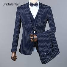 Us 119 62 41 Off Kuson Navy Blue British Style Mens Suit White Stripes Blazer Formal Wedding Suits For Men 3 Pieces Tuxedo Jacket Pants Vest 2018 In