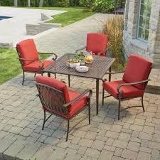 Hampton Bay Oak Cliff 5 Piece Metal Outdoor Dining Set With Chili Cushions 176 411 5d The Home Depot Outdoor Dining Set Outdoor Dining Small Patio Decor
